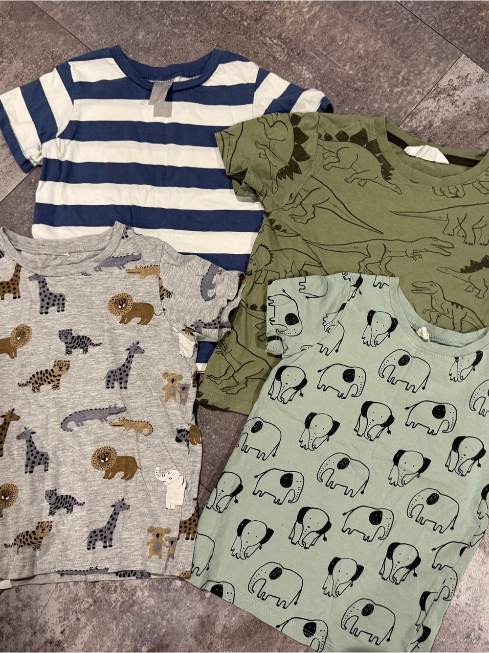 H&M Blue & White Striped Tee with Green, Gray and Mint Animal Tees